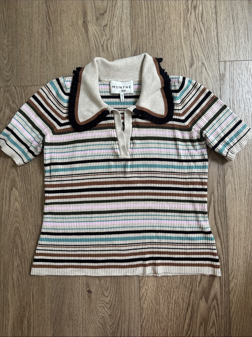 Munthe Striped Polo Knit Top in Cream, Brown & Pastel Stripes